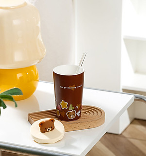 Ly Gốm Sứ Gấu dễ thương 420ML kèm Nắp silicon và Ống hút thủy tinh