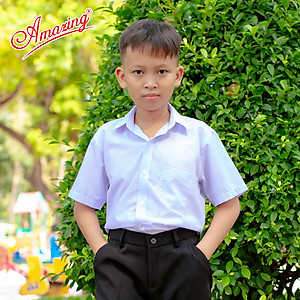 Áo sơ mi trắng đi học cho bé trai , đồng phục học sinh các cấp, size từ 20-95kg, form suông, vạt bầu, thương hiệu Amazing