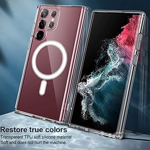 Ốp lưng sạc Maqsafe cho Samsung Galaxy S23 / Galaxy S23 Ultra / Galaxy S23 Plus / S23+ hiệu HOTCASE Maqsafe Magetic Case silicon chống sốc siêu mỏng 1.5mm, độ trong tuyệt đối, chống trầy xước, chống ố vàng, tản nhiệt tốt - hàng nhập khẩu