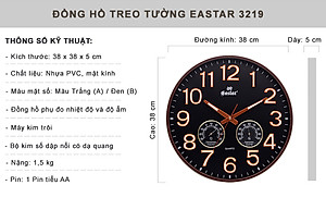 Đồng Hồ Treo Tường DECOR Trang Trí Nhà Hình Tròn Viền Mỏng 38cm EASTAR - Bộ Kim Số DẠ QUANG và NHIỆT ẨM KẾ TỰ ĐỘNG - Tặng Pin Maxell