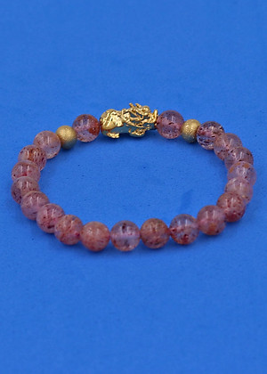 Vòng tay Thạch Anh Dâu Tây 6 ly cẩn Tỳ Hưu inox vàng VTADTTHHBV6 - hợp mệnh Hỏa, mệnh Thổ