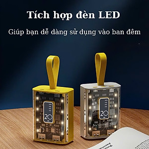 Sạc Dự Phòng 20000mAh Dung Lượng Pin Lớn Vỏ Trong Suốt Tích Hợp Dây Sạc Nhanh Cho Nhiều Thiết Bị có đèn báo, phát sáng - HÀNG CHÍNH HÃNG