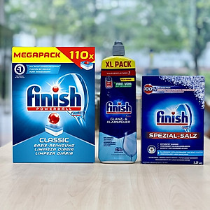 COMBO FINISH: Viên rửa bát Finish Classic 110 viên + Muối 1,2kg + Nước làm bóng 750ml
