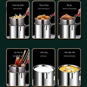 Bộ nồi chiên nhúng ngập dầu mini inox 304, gồm 3 chi tiết (nồi, rây lọc, kẹp gắp) thích hợp chiên khoai tây chiên, trụng bún, hủ tiếu. 