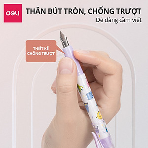Set 2 bút máy học sinh kèm ống mực xanh cao cấp Deli, bút luyện viết chữ đẹp, tập viết chính tả họa tiết dễ thương