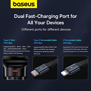 Tẩu sạc dùng trên ô tô tích hợp cáp Type C và iP Cable 60W Baseus Enjoyment Pro Car Charger - Hàng chính hãng
