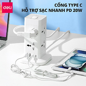 Ổ cắm điện đa năng Deli Công Suất 2500W - Tích Hợp Ổ USB & Type C Thiết Kế Cầu Chì Tự Ngắt Khi Quá Tải, Nắp Chống Giật