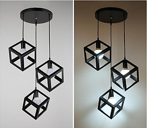 Bộ 3 đèn thả khối lập phương trang trí nội thất - kèm bóng LED và đế ốp trần