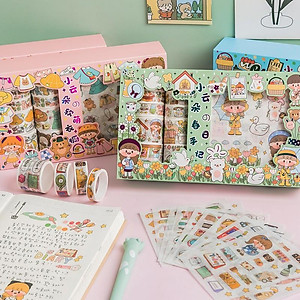 Hộp 10 Cuộn Washi Tape Dễ Thương và 10 Tờ Hình Dán Stickers Trang Trí Sổ Hoạt Hình Anime Xinh Xắn