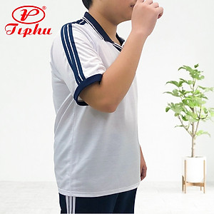 Áo thun thể dục bé trai, 3 sọc vai, cổ tròn và cổ bẻ, co giãn dễ vận động, chất liệu cotton hút mồ hôi, size từ 20kg đến 95kg