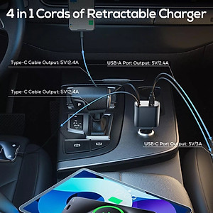 Tẩu Sạc Nhanh Xe Ô Tô TÍCH HỢP DÂY Sạc Type C, Lightning 100W | Hiển Thị Thông Số Sạc, Dây Rút Chống Rối, 4in1