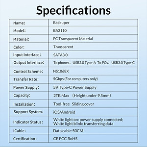 Hộp Ổ Cứng Orico BA2110-CR  Backuper 2.5" SSD/HDD SATA 3 USB 3.0 - Hàng Chính Hãng