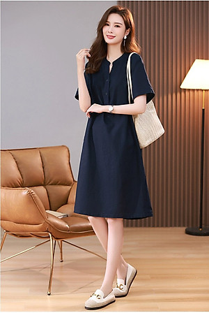 Hàng sẵn Đầm nữ linen nữ tính nhẹ nhàng, lịch thiệp, tao nhã màu xanh đen da199