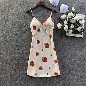 Q121 Váy ngủ lụa hai dây dâu tây kèm mút ngực sexy  - Đầm ngủ lụa dâu tây gợi cảm - Váy ngủ