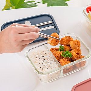 Hộp cơm thủy tinh Lock&Lock chia ngăn kèm muỗng đũa 930ml màu xanh navy LLG991CLNVY - Hàng chính hãng, dùng được lò vi sóng - JoyMall