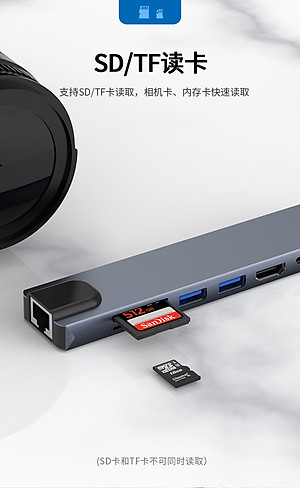 Bộ Chuyển Đổi Hub USB C Hub 8 Trong 1 Type C 3.1 Sang 4K RJ45 Đọc Thẻ SD / TF Cho MacBook Notebook Laptop Máy Tính-Hàng Chính Hãng