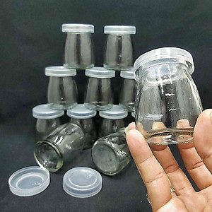 combo 12 hũ thủy tinh đựng sữa chua 100ml mẫu trụ tròn vát eo - nắp nhựa - không hoạ tiết hoặc hoạ tiết ngẫu nhiên