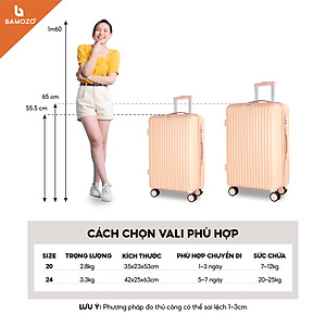 Vali du lịch BAMOZO 8801 MÀU HỒNG NHẠT size 20/24, vali kéo nhựa được bảo hành 5 năm.