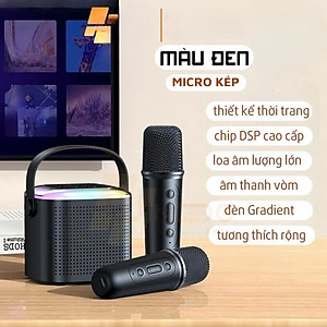 Loa Bluetooth mini kèm 2 micro hát karaoke không dây - Mic hát karaoke âm thanh chất lượng lọc âm khử nhiễu LED RGB - Hàng Nhập Khẩu