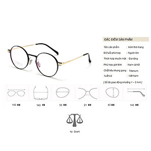 Gọng Kính Cận, Kính Giả Cận TITANIUM Cao Cấp Nam Nữ, Mắt Tròn Nhỏ, Lịch Sự, Sang Trọng, Gọng Đen Bạc, Đen Vàng, Full Đen - BLUE LIGHT