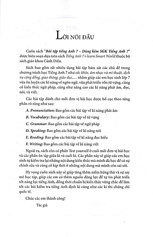 Sách BÀI TẬP TIẾNG ANH 7 DÙNG KÈM SGK TIẾNG ANH 7 - BÁM SÁT SGK CÁNH DIỀU ( I - LEARN SMART WORLD ) - KHÔNG ĐÁP ÁN