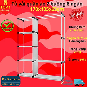 Tủ quần áo 2 buồng 6 ngăn hàng Việt Nam cao cấp - Tủ vải 170cm chất lượng cao khung Inox tĩnh chắc chắn, cứng cáp - Hàng chính hãng D Danido 