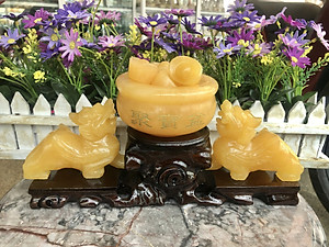Bộ combo Tỳ Hưu dài 10 cm và bát tụ bảo đường kính 10 cm phong thủy đá ngọc hoàng long