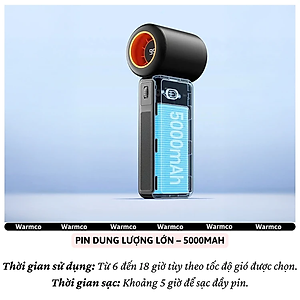 Quạt cầm tay turbo mini siêu mát Pin trâu 5000 mAh, nhỏ gọn linh hoạt hiệu WARMCO - 100 chế độ gió, dùng liên tục 18h (tùy mức gió), thiết kế đẹp, bền - hàng nhập khẩu