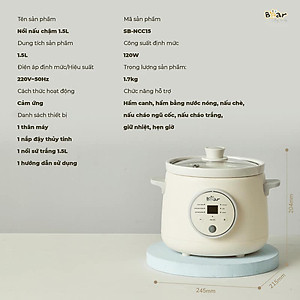 Nồi Nấu Cháo, Nấu Chậm 1.5L Bear SB-NNC15 (120W) - Hàng chính hãng