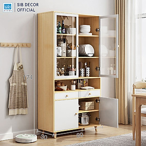 Tủ Gỗ Đa Năng Cửa Kính 80cm, Tủ Decor Phòng Khách, Nhà Bếp Màu Trắng Oak (Sồi) SIB Decor KG21