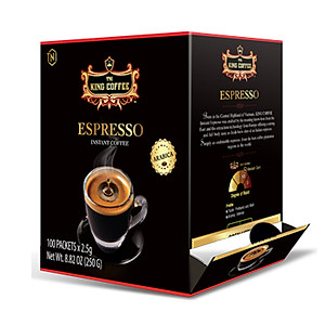 Combo 1 Cà Phê Hòa Tan Espresso KING COFFEE - Hộp 100 gói x 2.5g + Tặng 1 Cà Phê Sữa PLUS Hòa Tan 3in1 KING COFFEE - Hộp 10 gói x 20g