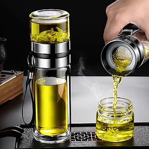 Bình Pha Trà Thuỷ Tinh 2 Lớp Cách Nhiệt Có Lõi Lọc Inox Chịu Nhiệt Cao Dung Tích 450ml Cầm Tay Tiện Lợi - HÀNG CHÍNH HÃNG MININ