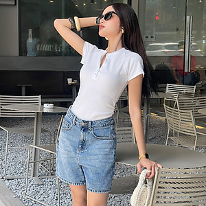 Quần short jean nữ ngắn lưng cao regular fit Aaa Jeans