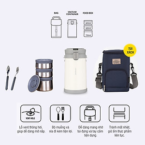 Bộ Hộp Cơm Giữ Nhiệt Lock&Lock Easy Carry 2L màu trắng LHC8039WHT Có Túi (1 Hộp 720ml, 2 Hộp 420ml Kèm 1 Bộ Muỗng Và Nĩa), Hàng chính hãng - JoyMall