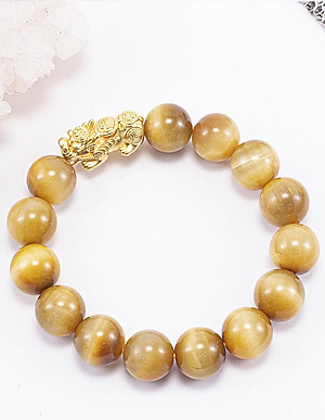 Vòng Tay Phong Thủy Đá Mắt Hổ Vàng Tâm Phối Charm Tỳ Hưu Mạ Vàng 24K (12mm) Mệnh Thổ, Kim Ngọc Quý Gemstones