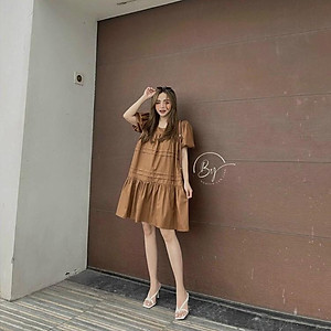 Đầm suông babydoll cổ vuông nhún tầng tay phồng xinh xắn
