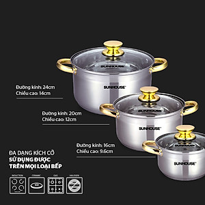 Bộ nồi inox 5 đáy Sunhouse SH781 16-20-24cm (Tặng Kèm Móc Khóa BG)