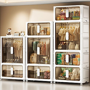 Tủ Nhựa Gấp Gọn Nubie Ngang 60/70/80cm Có Ngăn Treo Quần Áo, Đựng Đồ Dùng Size Lớn, Bánh Xe Xoay