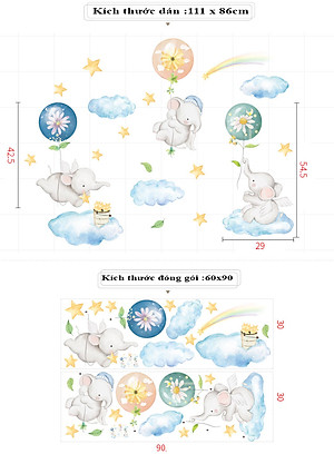 Sticker Giấy Dán Tường Decal Dán tường Tranh Dán Tường Trang Trí Tường Mẫu Những chú voi nhỏ ngộ nghĩnh ZDB-2183