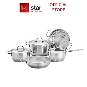 Bộ Nồi Chảo 3 Đáy Từ Inox 430 cao cấp Fivestar Standard 5 món (1 Quánh 18cm, 2 Nồi 20cm-24cm, 1 Chảo 24cm và 1 Xửng 24cm) , tặng 5 muỗng