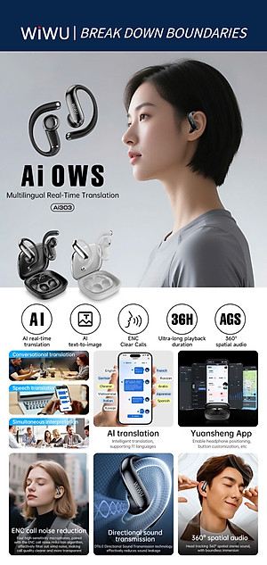 TAI NGHE WIWU AI OWS – DỊCH NGÔN NGỮ THỜI GIAN THỰC BẰNG AI | MODEL AI303  WiWU AI OWS (AI3 - HÀNG NHẬP KHẨU