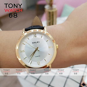 Đồng Hồ Nam Dây Da Nâu Mặt Trắng Viền Vàng Halei Chính Hãng Tony Watch 68