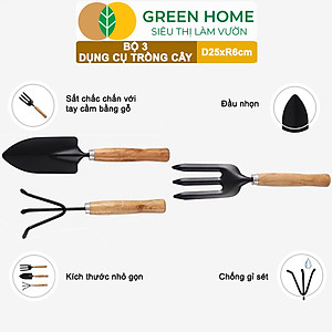 Dụng Cụ Làm Vườn Greenhome, D25cm, Cán Gỗ, Lưỡi Thép, Gồm Xẻng Xúc Đất, Cào, Chĩa, Trồng Cây, Làm Cỏ Dễ Dàng