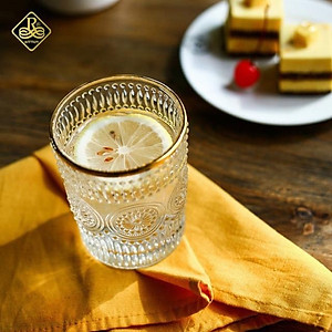 BỘ 6 CỐC THỦY TINH UỐNG NƯỚC VIỀN VÀNG  HOA VĂN  TRÒN NỔI - ANTH481