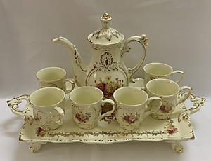 Bộ bình trà sứ phong cách hoàng gia cổ điển màu trắng ngà họa tiết hoa cúc - ANTH603