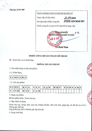 Nước rửa tay Hữu cơ diệt khuẩn dạng bọt Tinh dầu Thiên nhiên Cam/Quế/Nhài 1L thương hiệu ECOCARE ( tặng kèm vỏ tạo bọt)