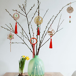 Phụ kiện handmade dây trang trí Tết, treo cây mai đào QUẠT CÁT TƯỜNG sắc đỏ son may mắn