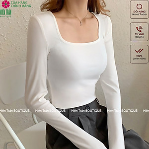  Áo croptop tay dài Hiền Trần BOUTIQUE cổ vuông vải thun ôm body crotop nữ cotton co giãn tốt