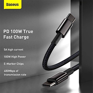 Dây cáp sạc nhanh 100W chuẩn PD 3.0  type c to type c QC 3.0 dài 200cm hiệu Baseus Tungsten Gold sạc nhanh 5A, truyền tải data 480Mbps - hàng nhập khẩu