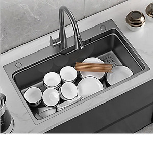 Chậu rửa bát inox304 chống xước 7845 nano đen dày 3li, vòi rửa bát nóng lạnh rút dây nano, bộ xả, khay inox, xịt ly cốc, bình rửa bát